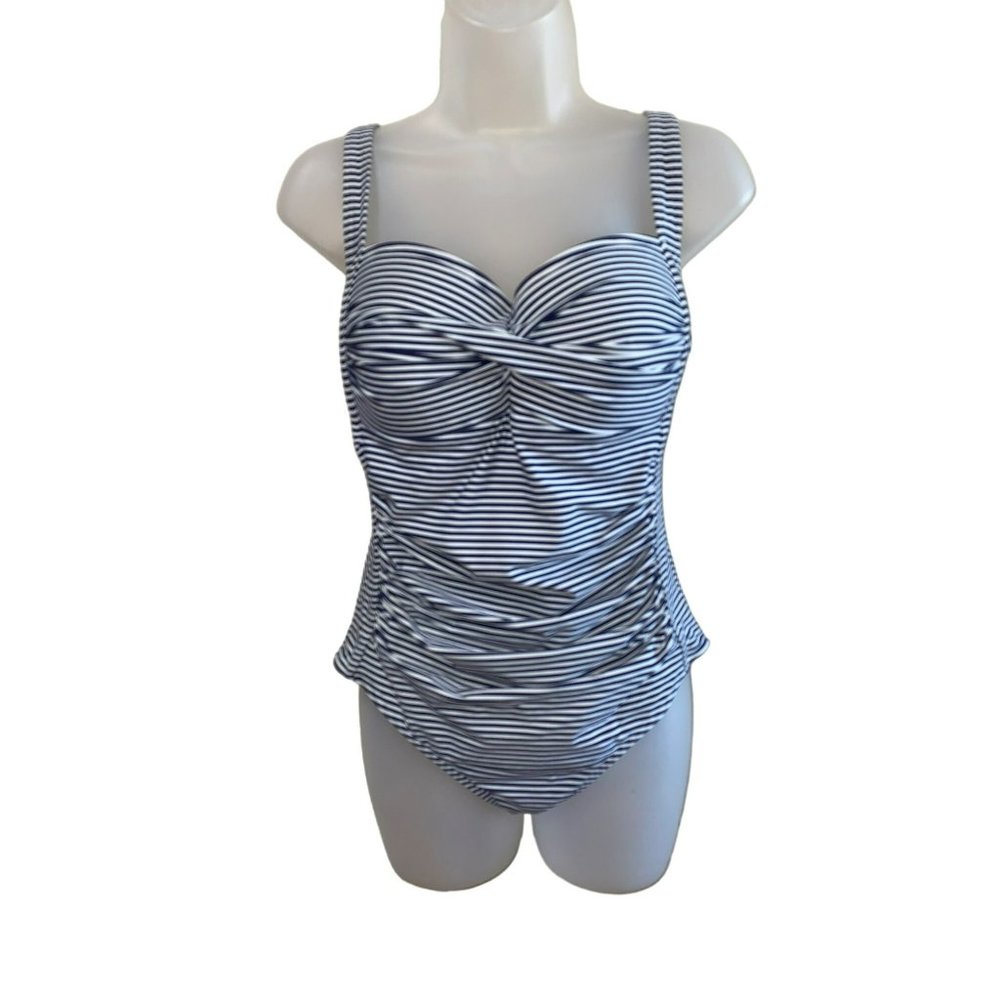 One Piece Niptuck Striped Swimsuit: Navy & White Nautical Beach Coastal Size 10 - Picture 3 of 12